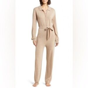 Nordstrom Size M Tan 100% Cashmere Knit Polo Jumpsuit Long Sleeve ~ NO BELT